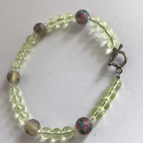 Vintage Hand Painted Flower Frosted Glass Beads Lemon Silver Clasp Bracelet 8 In - Picture 6 of 8